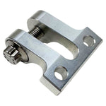 The TC Bros. Gauge Relocation Bracket for Pro Series Truss Risers includes one silver and one black metal clamp with knurled screw mechanisms, plus four screws—perfect for mounting your motorcycle gauge.