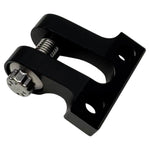 The TC Bros. Gauge Relocation Bracket for Pro Series Truss Risers includes one silver and one black metal clamp with knurled screw mechanisms, plus four screws—perfect for mounting your motorcycle gauge.