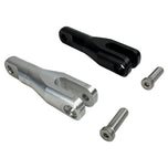 Two TC Bros. Pro Series Gauge Relocation Mount Extensions, one silver and one black, each with a matching screw, display adjustability and American craftsmanship on a white background.
