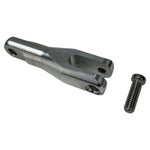 Two TC Bros. Pro Series Gauge Relocation Mount Extensions, one silver and one black, each with a matching screw, display adjustability and American craftsmanship on a white background.