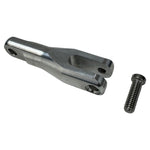 Two TC Bros. Pro Series Gauge Relocation Mount Extensions, one silver and one black, each with a matching screw, display adjustability and American craftsmanship on a white background.