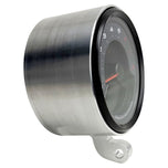 Two cylindrical motorcycle tachometer bezels from TC Bros., including the Pro Series 4 inch Gauge Relocation Bezel for Harley Davidson, in black and silver finishes with similar gauge faces featuring numbers and a red needle.