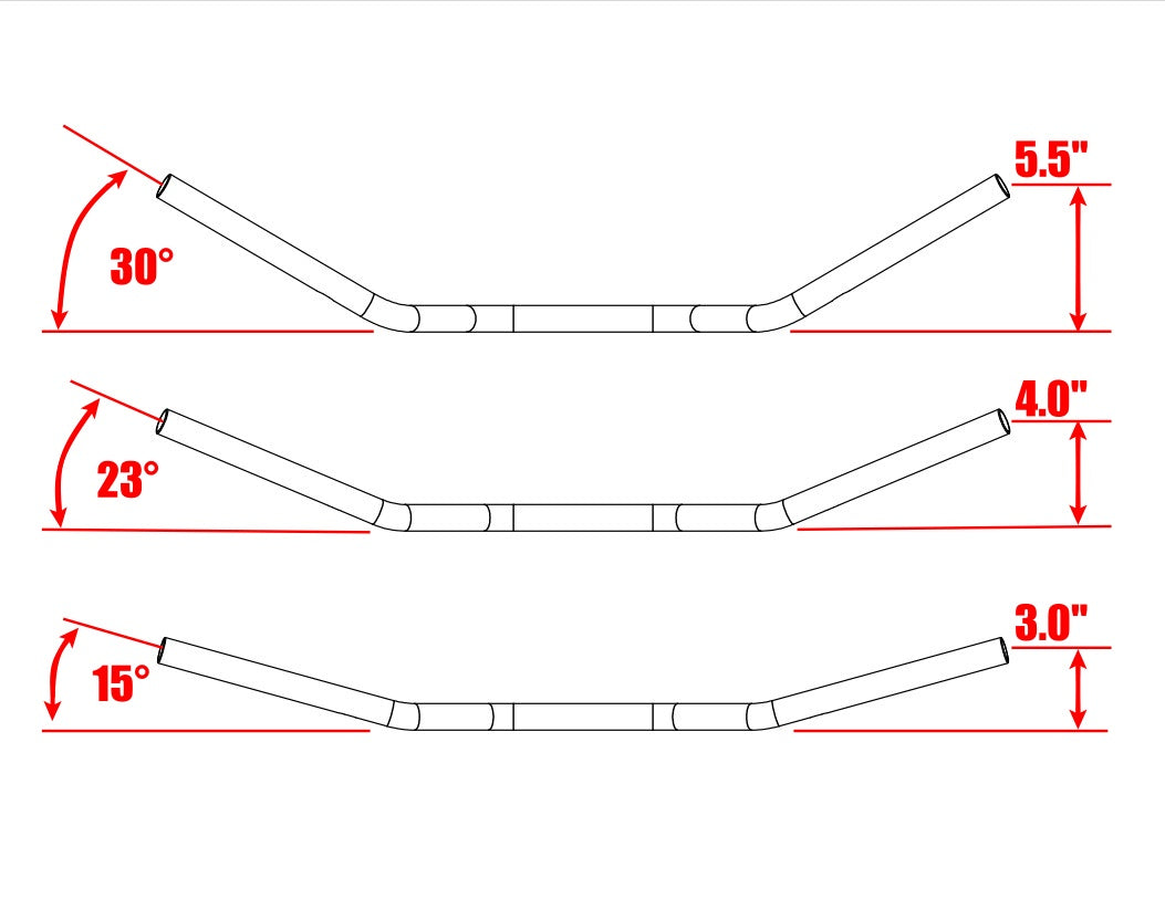 Three black TC Bros. 1" Tracker Handlebars for 2024-up Harley-Davidson Touring and Softail are shown horizontally against a white background with bold black text.