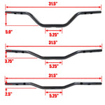 Three black TC Bros. 1" Tracker Handlebars for Second Generation Harley-Davidson TBW are displayed horizontally on a white background with bold text: "2025-UP SOFTAIL 2024-UP TOURING," ideal for compatible Harley-Davidson models.