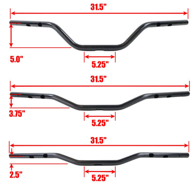 Three black TC Bros. 1" Tracker Handlebars for 2024-up Harley-Davidson Touring and Softail are shown horizontally against a white background with bold black text.