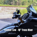 Three black TC Bros. 1" Tracker Handlebars for Second Generation Harley-Davidson TBW are displayed horizontally on a white background with bold text: "2025-UP SOFTAIL 2024-UP TOURING," ideal for compatible Harley-Davidson models.