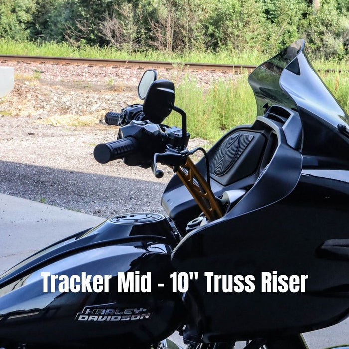 Three black TC Bros. 1" Tracker Handlebars for 2024-up Harley-Davidson Touring and Softail are shown horizontally against a white background with bold black text.