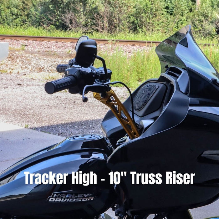 Three black TC Bros. 1" Tracker Handlebars for 2024-up Harley-Davidson Touring and Softail are shown horizontally against a white background with bold black text.