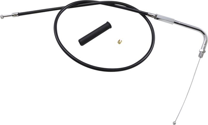 Drag Specialties Throttle Cable for 1990-1995 Harley-Davidson, featuring end fittings, a black sleeve, and hardware, is shown on a white background.