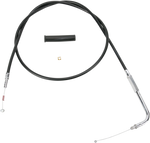 Drag Specialties Throttle Cable for 1990-1995 Harley-Davidson, featuring end fittings, a black sleeve, and hardware, is shown on a white background.