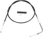 Drag Specialties Throttle Cable for 1981-1989 Harley-Davidson bikes, featuring metal ends and rubber covers. Ideal as a replacement for select Big Twin and Sportster models. Shown on a white background.