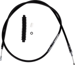 A black Drag Specialties Clutch Cable for 1987-1994 Harley-Davidson FXR is shown with small components on a white background. Text reads: "CLUTCH CABLE 1987-1994 FXR.