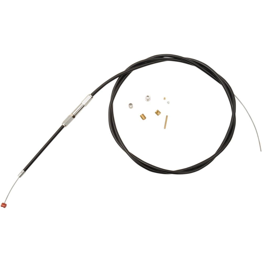 The Barnett Universal Throttle Cable by Barnett is shown in black with a silver connector and several small metal and plastic parts beside it, all displayed on a white background.