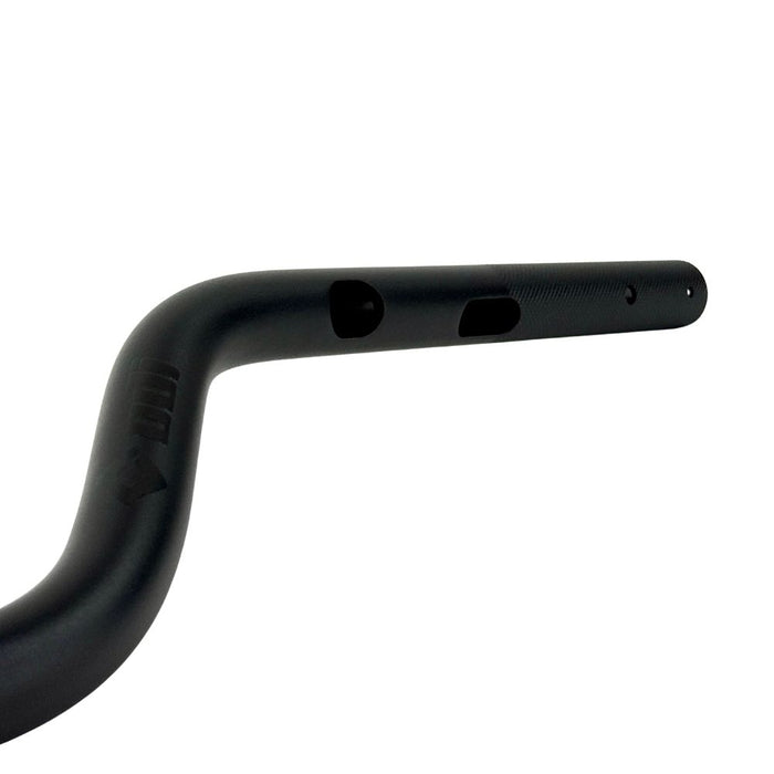 The ODI Podium V-Twin 1" Moto Handlebar for Harley-Davidson Second Generation Throttle-By-Wire Motorcycles features a black finish and slight upward/backward sweep, inspired by V-Twin design, shown on a white background.