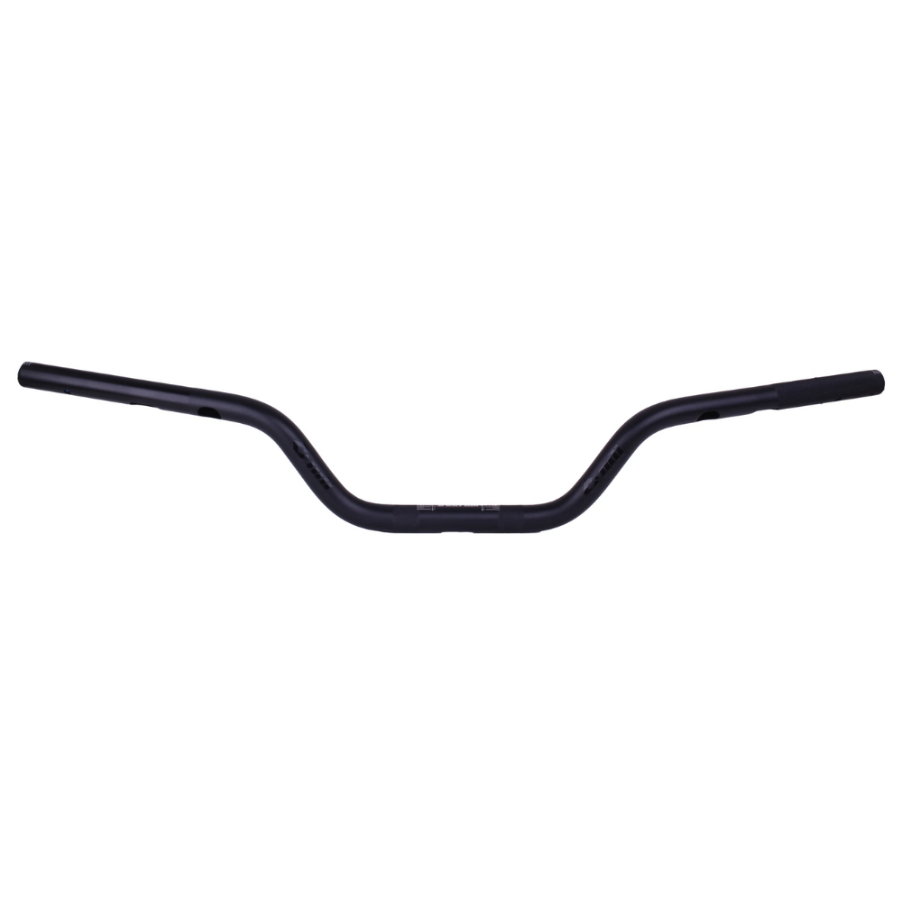 The ODI Podium V-Twin 1" Moto Handlebar for Harley-Davidson Throttle-By-Wire motorcycles is shown in black with a slight upward and backward curve, set against a white background.