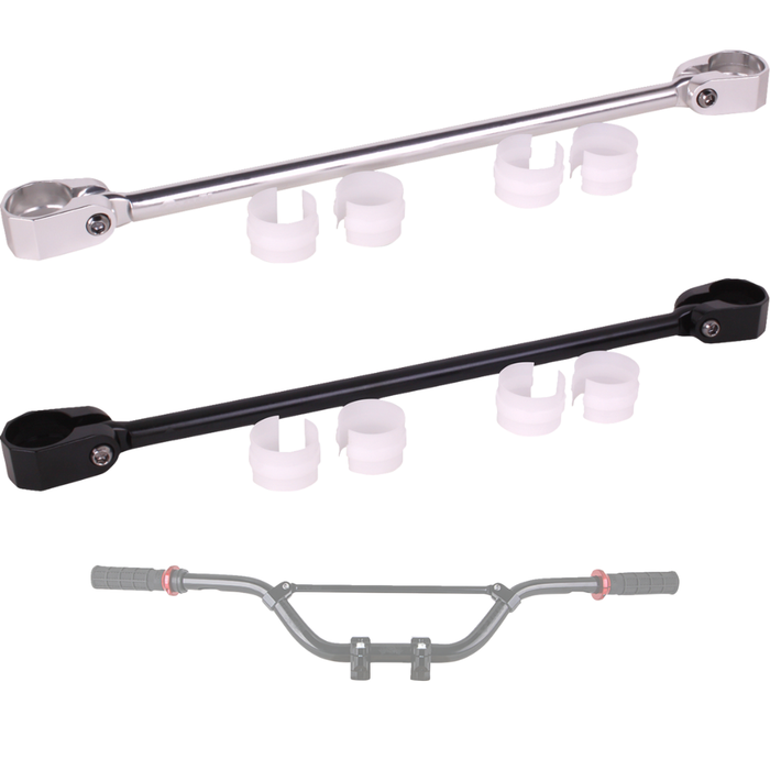 The ODI V-Twin Handlebar Crossbar by ODI includes two metal crossbars (one silver, one black) with three white mounting clips each—perfect as a motocross handlebar accessory. A faint bicycle handlebar image appears below.