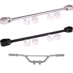 The ODI V-Twin Handlebar Crossbar by ODI includes two metal crossbars (one silver, one black) with three white mounting clips each—perfect as a motocross handlebar accessory. A faint bicycle handlebar image appears below.