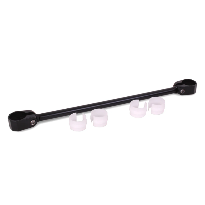 The ODI V-Twin Handlebar Crossbar by ODI includes two metal crossbars (one silver, one black) with three white mounting clips each—perfect as a motocross handlebar accessory. A faint bicycle handlebar image appears below.