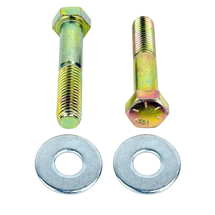 The TC Bros. Handlebar Riser Bolt Kit for Harley-Davidson features two gold hex bolts with partially threaded shafts and two flat washers, displayed on a white background. Brand: TC Bros.
