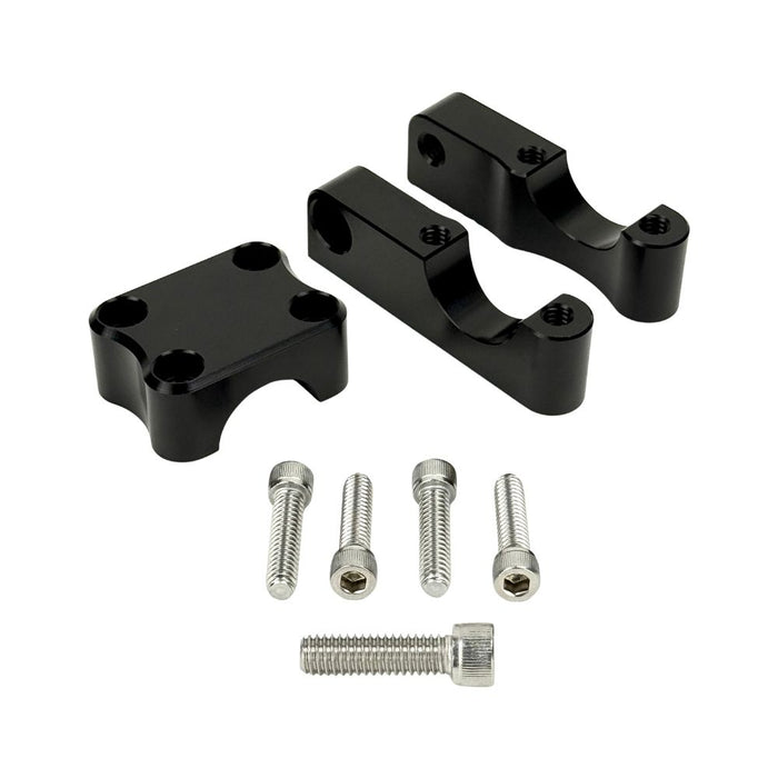 Close-up view of the TC Bros. Pro Series 1" Universal Gauge Mount, a shiny chrome-plated bracket with cylindrical parts by TC Bros., perfect for Harley-Davidson gauge relocation.