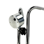 Close-up view of the TC Bros. Pro Series 1" Universal Gauge Mount, a shiny chrome-plated bracket with cylindrical parts by TC Bros., perfect for Harley-Davidson gauge relocation.