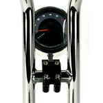 Close-up view of the TC Bros. Pro Series 1" Universal Gauge Mount, a shiny chrome-plated bracket with cylindrical parts by TC Bros., perfect for Harley-Davidson gauge relocation.