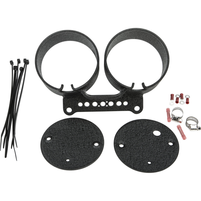 The HardDrive Dual Gauge Mounting Kit for Harley-Davidson includes metal brackets, 4" gauges, hose clamps, zip ties, electrical connectors, and circular plates arranged on a white background.
