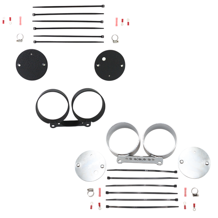 The HardDrive Dual Gauge Mounting Kit for Harley-Davidson includes metal brackets, 4" gauges, hose clamps, zip ties, electrical connectors, and circular plates arranged on a white background.
