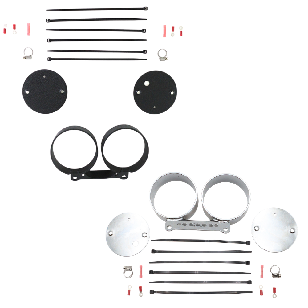 The HardDrive Dual Gauge Mounting Kit for Harley-Davidson includes metal brackets, 4" gauges, hose clamps, zip ties, electrical connectors, and circular plates arranged on a white background.