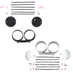 The HardDrive Dual Gauge Mounting Kit for Harley-Davidson includes metal brackets, 4" gauges, hose clamps, zip ties, electrical connectors, and circular plates arranged on a white background.
