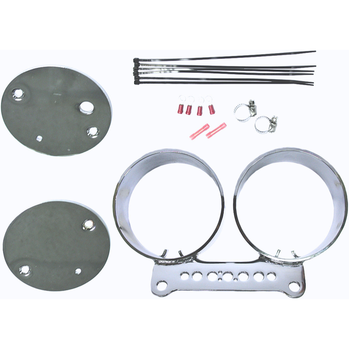 The HardDrive Dual Gauge Mounting Kit for Harley-Davidson includes metal brackets, 4" gauges, hose clamps, zip ties, electrical connectors, and circular plates arranged on a white background.