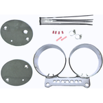 The HardDrive Dual Gauge Mounting Kit for Harley-Davidson includes metal brackets, 4" gauges, hose clamps, zip ties, electrical connectors, and circular plates arranged on a white background.