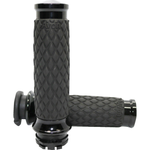 Two black and chrome Avon Diamond Contour Grips for Harley-Davidson Cable Throttle, featuring a diamond pattern texture, are displayed from different angles on a white background. These Avon Grips enhance both the style and comfort of your motorcycle handlebars.