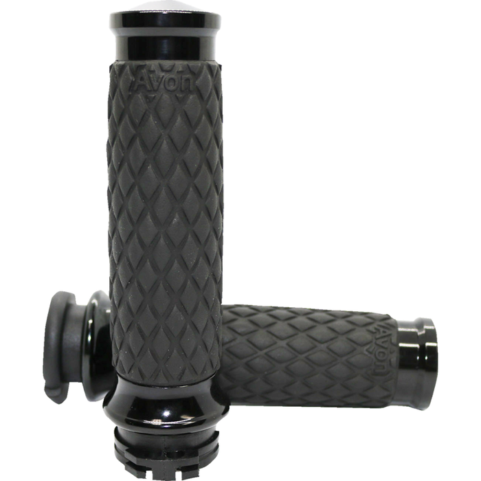 Two black and chrome Avon Diamond Contour Grips for Harley-Davidson Cable Throttle, featuring a diamond pattern texture, are displayed from different angles on a white background. These Avon Grips enhance both the style and comfort of your motorcycle handlebars.