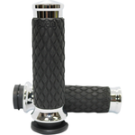 Two black and chrome Avon Diamond Contour Grips for Harley-Davidson Cable Throttle, featuring a diamond pattern texture, are displayed from different angles on a white background. These Avon Grips enhance both the style and comfort of your motorcycle handlebars.