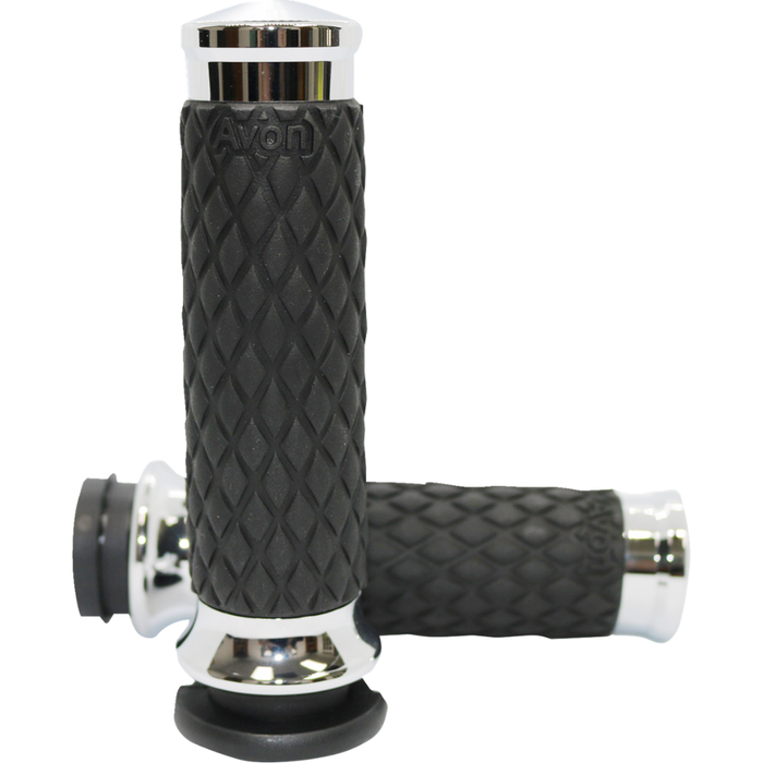 Two black and chrome Avon Diamond Contour Grips for Harley-Davidson Cable Throttle, featuring a diamond pattern texture, are displayed from different angles on a white background. These Avon Grips enhance both the style and comfort of your motorcycle handlebars.