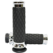 Two black and chrome Avon Diamond Contour Grips for Harley-Davidson Cable Throttle, featuring a diamond pattern texture, are displayed from different angles on a white background. These Avon Grips enhance both the style and comfort of your motorcycle handlebars.