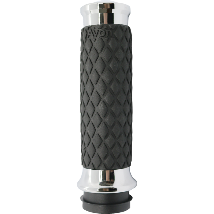 Two black Avon Diamond Contour Grips by Avon Grips, each with a diamond pattern texture—one with chrome ends and one with black ends—compatible with Harley-Davidson First Generation Throttle-By-Wire motorcycles, are shown side view on a white background.