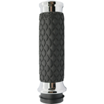 Two black Avon Diamond Contour Grips by Avon Grips, each with a diamond pattern texture—one with chrome ends and one with black ends—compatible with Harley-Davidson First Generation Throttle-By-Wire motorcycles, are shown side view on a white background.