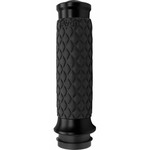 Two black Avon Diamond Contour Grips by Avon Grips, each with a diamond pattern texture—one with chrome ends and one with black ends—compatible with Harley-Davidson First Generation Throttle-By-Wire motorcycles, are shown side view on a white background.