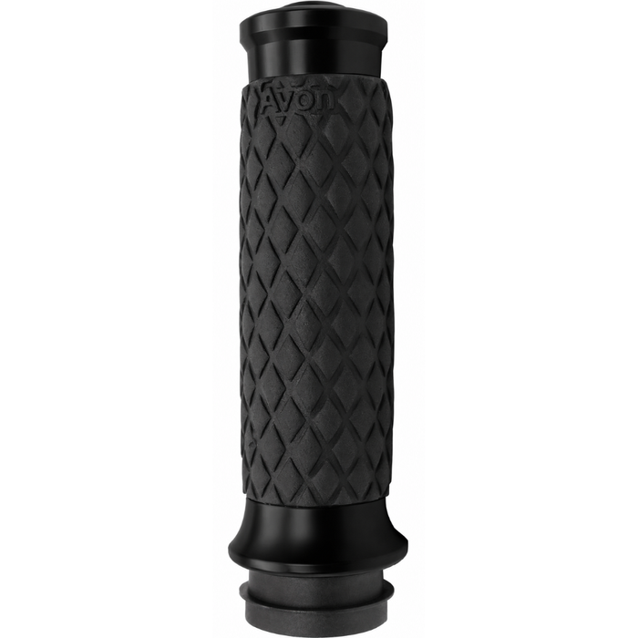 Two black Avon Diamond Contour Grips by Avon Grips, each with a diamond pattern texture—one with chrome ends and one with black ends—compatible with Harley-Davidson First Generation Throttle-By-Wire motorcycles, are shown side view on a white background.