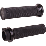 Thirteen ODI Ruffian Lock-on Grips For Harley-Davidson Cable Throttle are displayed in various colors, arranged in rows on a white background beside bold "CABLE THROTTLE" text. Designed by ODI for compatibility with Harley-Davidson Cable Throttle systems, these grips combine standout style and reliable performance, making them ideal for customizing your ride.