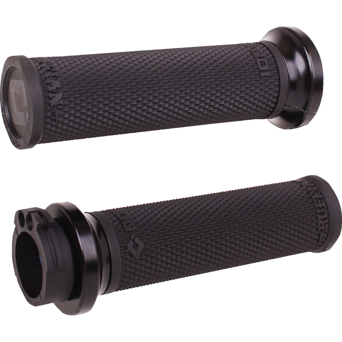 Thirteen ODI Ruffian Lock-on Grips For Harley-Davidson Cable Throttle are displayed in various colors, arranged in rows on a white background beside bold "CABLE THROTTLE" text. Designed by ODI for compatibility with Harley-Davidson Cable Throttle systems, these grips combine standout style and reliable performance, making them ideal for customizing your ride.