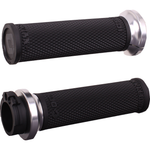 Thirteen ODI Ruffian Lock-on Grips For Harley-Davidson Cable Throttle are displayed in various colors, arranged in rows on a white background beside bold "CABLE THROTTLE" text. Designed by ODI for compatibility with Harley-Davidson Cable Throttle systems, these grips combine standout style and reliable performance, making them ideal for customizing your ride.