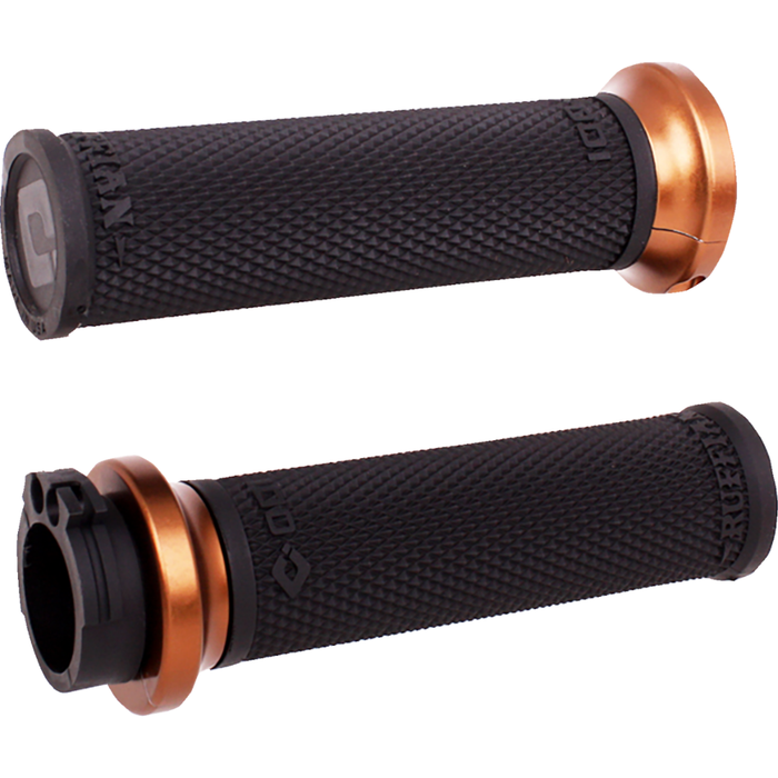 Thirteen ODI Ruffian Lock-on Grips For Harley-Davidson Cable Throttle are displayed in various colors, arranged in rows on a white background beside bold "CABLE THROTTLE" text. Designed by ODI for compatibility with Harley-Davidson Cable Throttle systems, these grips combine standout style and reliable performance, making them ideal for customizing your ride.