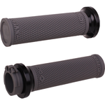 Thirteen ODI Ruffian Lock-on Grips For Harley-Davidson Cable Throttle are displayed in various colors, arranged in rows on a white background beside bold "CABLE THROTTLE" text. Designed by ODI for compatibility with Harley-Davidson Cable Throttle systems, these grips combine standout style and reliable performance, making them ideal for customizing your ride.