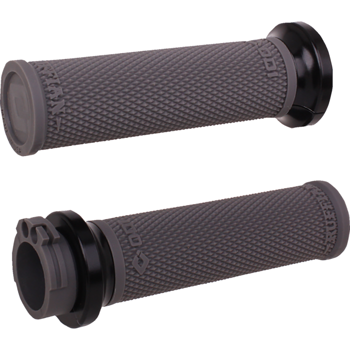 Thirteen ODI Ruffian Lock-on Grips For Harley-Davidson Cable Throttle are displayed in various colors, arranged in rows on a white background beside bold "CABLE THROTTLE" text. Designed by ODI for compatibility with Harley-Davidson Cable Throttle systems, these grips combine standout style and reliable performance, making them ideal for customizing your ride.