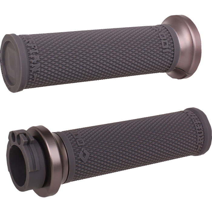 Thirteen ODI Ruffian Lock-on Grips For Harley-Davidson Cable Throttle are displayed in various colors, arranged in rows on a white background beside bold "CABLE THROTTLE" text. Designed by ODI for compatibility with Harley-Davidson Cable Throttle systems, these grips combine standout style and reliable performance, making them ideal for customizing your ride.