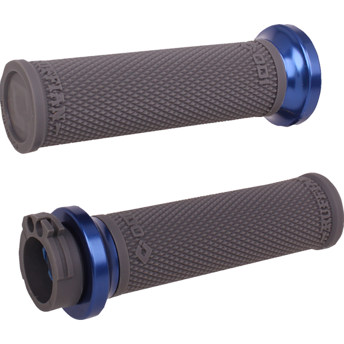 Thirteen ODI Ruffian Lock-on Grips For Harley-Davidson Cable Throttle are displayed in various colors, arranged in rows on a white background beside bold "CABLE THROTTLE" text. Designed by ODI for compatibility with Harley-Davidson Cable Throttle systems, these grips combine standout style and reliable performance, making them ideal for customizing your ride.