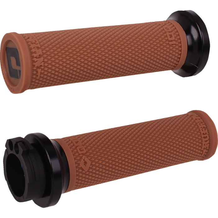 Thirteen ODI Ruffian Lock-on Grips For Harley-Davidson Cable Throttle are displayed in various colors, arranged in rows on a white background beside bold "CABLE THROTTLE" text. Designed by ODI for compatibility with Harley-Davidson Cable Throttle systems, these grips combine standout style and reliable performance, making them ideal for customizing your ride.